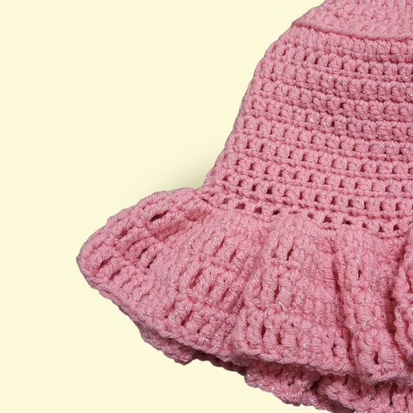 Handmade Pink Sparkly Relaxed Ruffle Crochet Sun Hat Bucket Hat - Picture 4 of 4